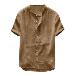 Classic Linen Shirts Men Summer Breathable Stand Casual Solid Holiday Short Sleeve Shirts For Men 210527