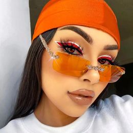 Sunglasses Rimless With Rhinestone Steampunk Fun Glasses 2021 Fashion Rectangle Women Small Brand Orange Shades