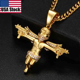 New UZI Kolye GUN Shape Double Gun Cross Pendant Iced Out Micro Pave CZ Stone Pendant Necklace Faith Jewelry For Men Hip Hop X0509