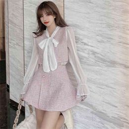 Spring Women 2 Pieces Set Sweet Bow Tie Tweed patchwork Chiffon Flare Long Sleeve Crop Tops + A-line Mini Skirt Suit 210519