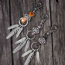 Bohemian Style Men Key Chains Top Layer Cowhide Join Three Pieces Metal Feathers Keyring Pendant Luxury Vintage Noble Keychain