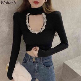 Neploe Sexy Lady Pullovers Heavy Beading Hollow Out Knitted Sweaters for Women Half Turtleneck Slim Long Sleeve Jumper Tops 210519