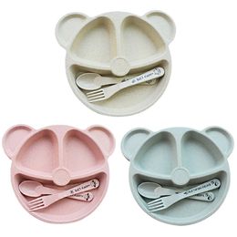 Cartoon Kid Dinnerware Wheat Straw Baby Feeding Plate Bowl Spoon Fork Set Cute Children Tableware