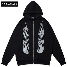 Casual Loose flame printed Zipper Hoodies Sweatshirts Mens Hip Hop Hipster Rock Streetwear Hoodie Fashion Jumper Tops 210720