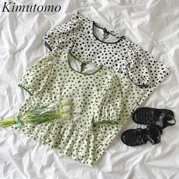 Kimutomo Chic Wave Point Dress Fashion Women Summer Korean O-neck Lace Up Puff Sleeve High Waist Robe Casual Sweet 210521