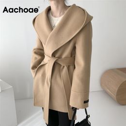 Aachoae Women Solid Colour Wool Coats With Belt Long Sleeve Hooded Pockets Coats Female Chic Elegant Outerwear 211110