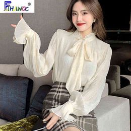 Bow Tie Tops Women Korean Style Design Clothes Flare Sleeve Elegant Office Lady Cute Ribbon Sweet Basic Shirts Blouses 1627 H1230