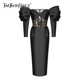 Black Patchwork Lace Dress For Women Slash Neck Puff Long Sleeve High Waist Slim Midi Dresses Female Fashion 210520