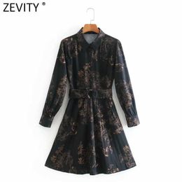 Zevity Women Vintage Flower Printing Hem Pleated Shirt Dress Office Lady Retro Turn Down Collar Sashes Casual Vestido DS4844 210603