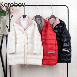 Korobov Korean Solid Stand Collar A Line Long Sleeve Women Coats Vintage Pockets Winter Jackets Oversize Female Parkas 79026 210430