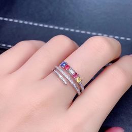 Natural Sapphire with Colourful Fine Jewellery Simple Round Thin s for Women Element Ring Gift