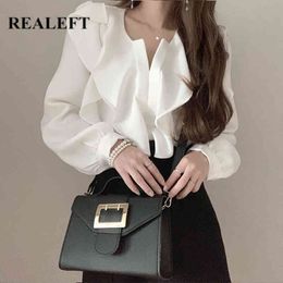 Ruffles Sleeve Women's Blouse Elegant V Neck Desigan White Black OL Style Ladies Tops Shirt Female 210428