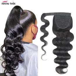 Ishow 8-28inch Body Wave Human Hair Extensions Wefts Pony Tail Yaki Straight Afro Kinky Curly Ponytail for Women All Ages Natural Colour Black
