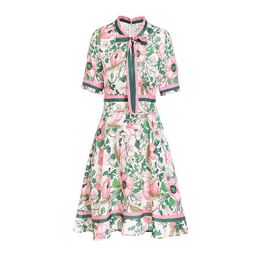 Pink Flower Print Mini Short Dress Summer Lace-up Bow Collar Zipper Sleeve D1637 210514