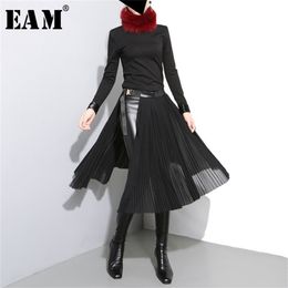 [EAM] Spring High Waist Solid Colour Black Pleated Loose Split Joint Half-body Skirt Women Fashion JD10501 210619