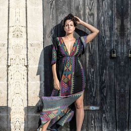 Bohemian Women Summer Beach Dress Swim Wear Cover Up Cotton Tunic Sexy Deep V-Neck Robe Caftan Bikini Cover-ups pareo #Q645 210420