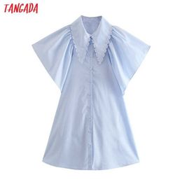 Tangada Summer Women French Style Blue Cotton Dress Lace Patchwork Collar Short Sleeve Ladies Sundress 3H437 210609