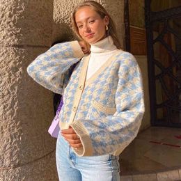 Vintage 90s Houndstooth Print Autumn Winter Knitted Long Sleeve Women Y2K Cardigan Sweaters Female Streetwear Knitwear Tops 210415