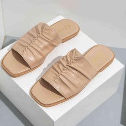Slippers Women's Slippers Trendy Pleated Open Toed Flat Sandals for Women's Outer Wear Comfortable Soft Bottom Flat Heel Women Shoes 220307