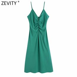 Women Sexy Pleated Design V Neck Green Colour Sling Dress Female Chic Backless Casual Slim Party Beach Vestido DS8274 210416