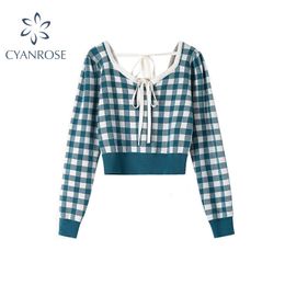 Autumn Plaid Crop Knitted Sweater Women Long Sleeve Korean Casual Sweet Elegant Pullover Square Neck Slim Female Knitted Top 210417