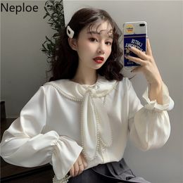 Neploe Blusas Mujer De Moda Heavy Beading Chic Sweet Bow Blouses Peter Pan Colour Flare Collar Shirt Loose White Tops Femme 210422