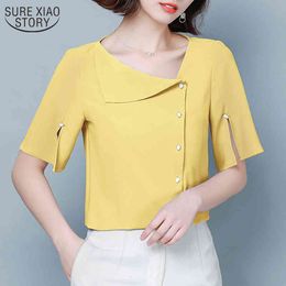 Summer Vintage Chiffon Blouse Asymmetric Design Woman's Shirts Short Sleeve Split Solid Shirt Ropa De Mujer 9976 210508