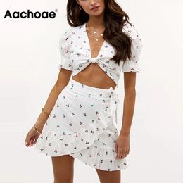 White Color Summer Two Piece Set Women Cherry Pattern Sexy Beach Party Sets Puff Sleeve Crop Tops Mini A Line Skirt 210413