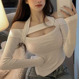 Strapless Autumn T Shrit For Women White Korea Girl Female Bandage Sexy Slim Tops Summer Top Tshirt 82PJ 210603