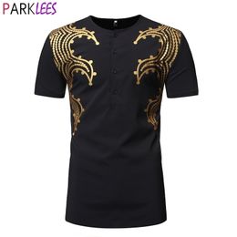 Shiny Gold Metallic Print Dashiki African T-shirt Men Ankara Style Short Sleeve Tshirt Men Hip Hop Hipster Africa Clothing 210522