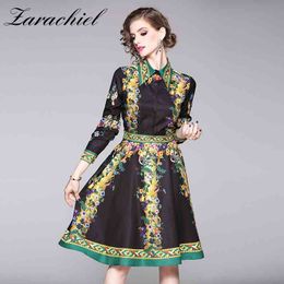 Autumn Winter Women Single-Breasted Casual Flower Printed Long Sleeve Turn-down Collar Vintage Ladies Midi Party Dress 210416