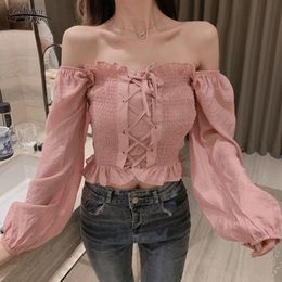 Autumn Sexy Slash Neck Short Blouses Women Fashion Korean Casual Long Sleeve Shirt Off-Shoulder Ladies' Tops 10447 210521