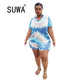 Short Sets For Women Summer Tie Dye Sexy 2 Pieces Outfits Sleeve T-shirt Top + Soft Sweatpants Biker s Plus Size 210525