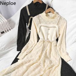 Neploe Patchwork Contrast Colour Maxi Dress Beading Slim Waist Crochet Floral Knit Dresses Women Single Breasted Chic Vestidos 210422