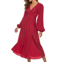 Long Lantern Sleeve Red Wrap Dress for Christmas Women Sexy V Neck Slit Spring Fashion Loose Tunic Gowns Elegant Ladies 210527