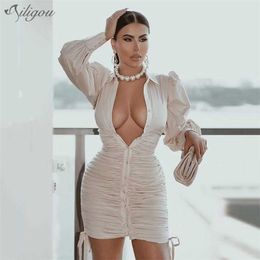 Elegant White Shirt Women Summer Casual Office Pleated Design Mini Long Sleeve V-Neck Sexy Party Dress 210525