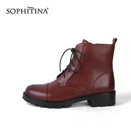 SOPHITINA Women's Ankle Boots Quality Cow Leather Warm Short Plush Lace up Winter Outdoor Ladies Motorcycle Martin Booties PC667 210513