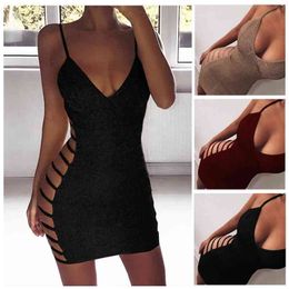 Women Dress Sexy Bodycon Sleeveless V-Neck Stretchy Package Hip Short Mini Ladies Club Female Sequined Clotthing 210522