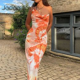 Jocoo Jolee 20s Tie Dye Print Strap Sundress Sexy Backless Lace Up Midi Dresses Elegant Bodycon Long Dress Beach Party Evening 210619