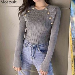 Golden Buttons Knitted Sweater Pullover Women Autumn Full Sleeve O-neck Solid Slim Tops Korean Vintage Ladies Jumpers Femme 210513