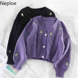 Korean V Neck Lantern Long Sleeve Knitted Cardigans Female Embroidery Solid Single Breast Short Sweater Coat Autumn 210422