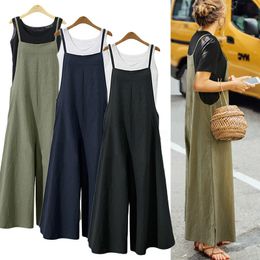 Casual Summer women's Solid Strap Wide Leg Pants Pockets Romper Dungaree Bib Overalls Loose Cotton Linen Jumpsuits for women 210514