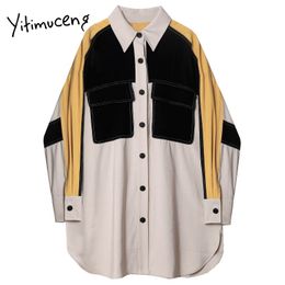 Yitimuceng Pockets Patchwork Blouse Women Button Up Shirts Loose Spring Turn-down Collar Long Sleeve Office Lady Tops 210601