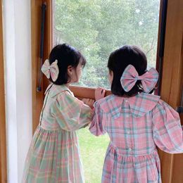 New 2021 Spring Korean Style Baby Girls Plaid Dresses Children Costumes Toddlers Kids Princess Dress Free Bowknot Hairpin Q0716