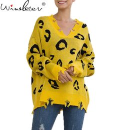Knitted Women V Neck Sweater Pullovers Spring Autumn Cut-out Sweaters Pullover Loose Long Sleeve Leopard Top T06405B 210421