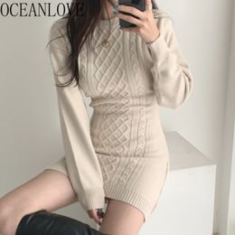 Robe Hiver Solid Knitted Sexy Autumn Winter Sweater Dresses Women Korean Vestidos Back Hollow Out Dress 18808 210415