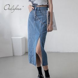 Summer Elegant Blue Women High Waist Denim Side Slit Streetwear Vintage Wrap Pencil Skirt 210415