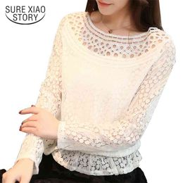 office lady hollow out solid Korean all-match lace shirt women tops long sleeve blouse C942 30 210506