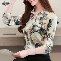 Blusas Autumn Fashion Silk Shirts Women Blouses Long Sleeve Shirt Tops Rose Floral Print Blouse Plus Size S-4XL 10725 210521