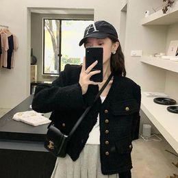 Women's Jackets Black Tassel Single Breasted Tweed Cropped Jacket Women Fall Chic Elegant V Neck Long Sleeve Short Outwear Vintage Cardigan